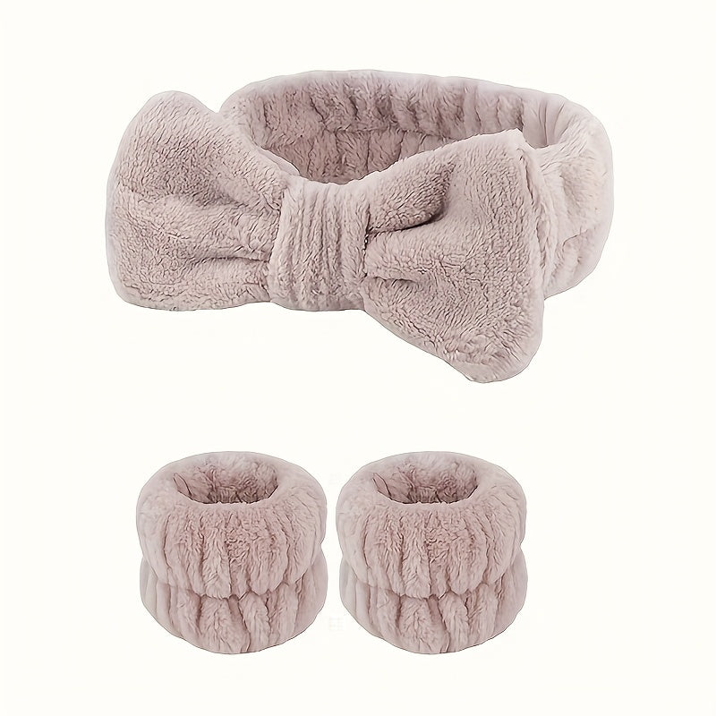 Solid Color Butterfly End Headband Wristband Set Women's Wash Beauty Makeup Headband Wrist Flannel Hair Accessories Headwear Face Wash Headband Wrist Set Plush Elastic Headband Ladies Accessories Set
