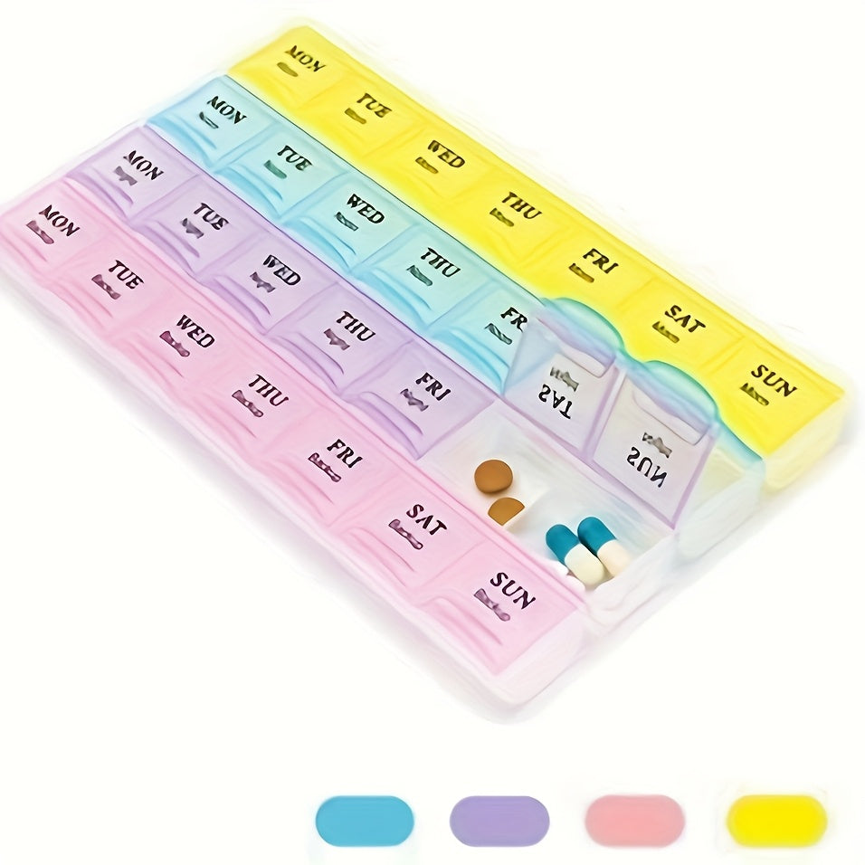 Colorful 28-Compartment Pill Organizer - Portable, Large Capacity Health Care Box, Durable Plastic, Easy-to-Use with Day & Time Labels, 0.98x4.72 inches - Perfect for Daily Medication Management, Pill Box