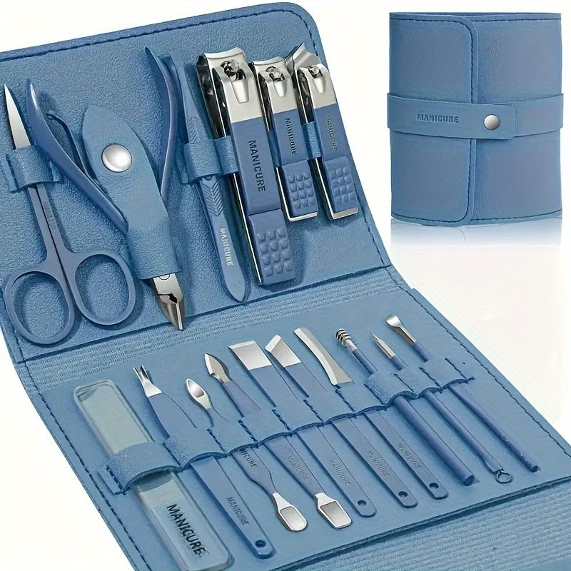 16-Piece Deluxe Stainless Steel Nail Care Set - Professional-Grade Manicure & Pedicure Tools with Straight Edge Clipper, Nail File, Ear Pick, Scissors, and Travel Case - Perfect for Beauty Enthusiasts and On-The-Go Grooming