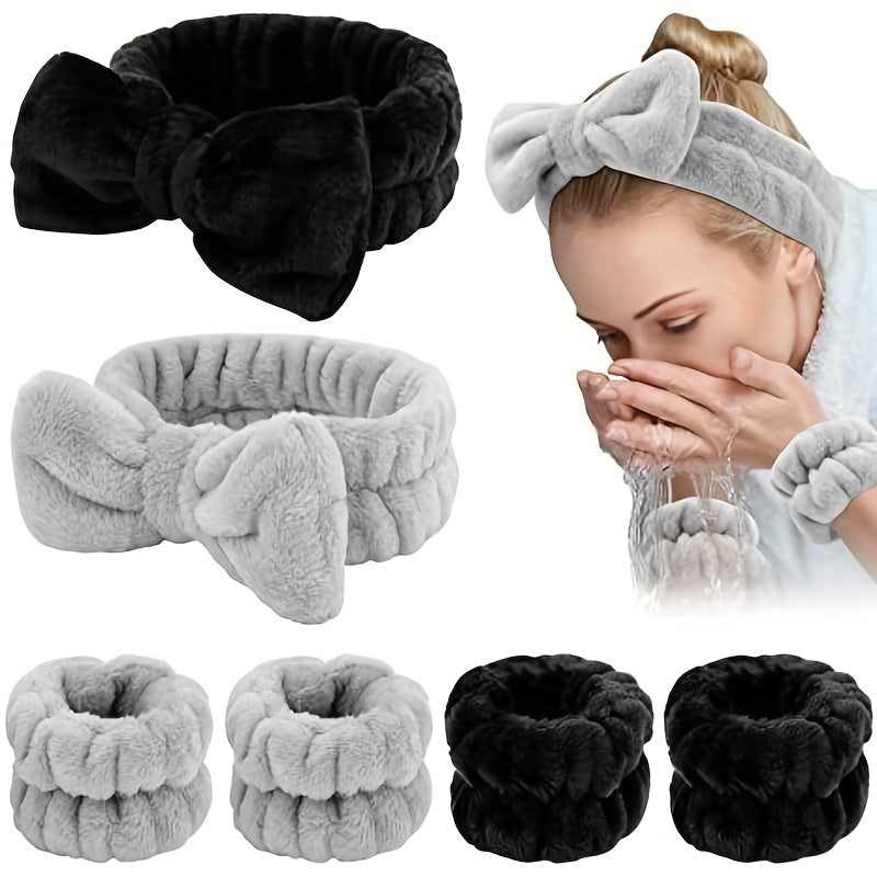 Solid Color Butterfly End Headband Wristband Set Women's Wash Beauty Makeup Headband Wrist Flannel Hair Accessories Headwear Face Wash Headband Wrist Set Plush Elastic Headband Ladies Accessories Set