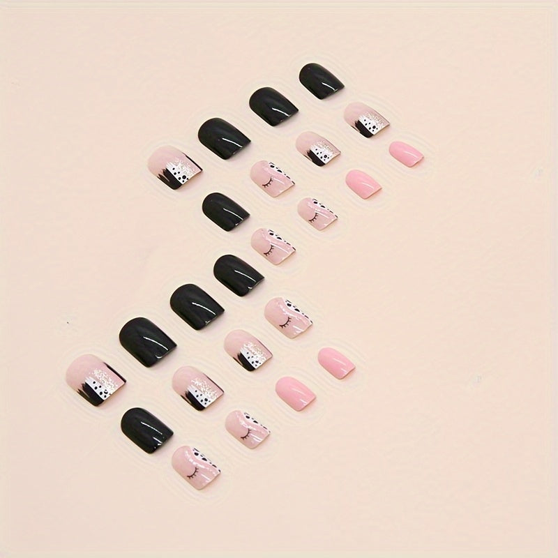 24pcs Short Square Black Vine Dark Butterfly Leaves French Color Matching Fashion European and American Ins Style Sweet Cool All-match Hot Girl Black Beauty Glitter Wearable Removable False Nail Roll One & Jelly Glue One