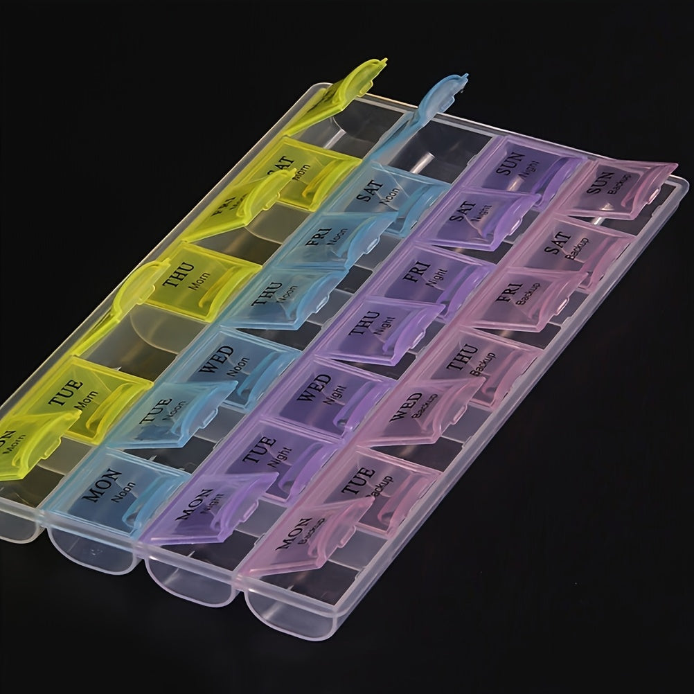 Colorful 28-Compartment Pill Organizer - Portable, Large Capacity Health Care Box, Durable Plastic, Easy-to-Use with Day & Time Labels, 0.98x4.72 inches - Perfect for Daily Medication Management, Pill Box