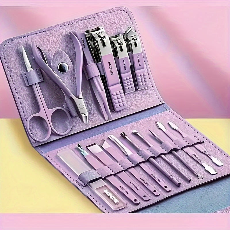 16-Piece Deluxe Stainless Steel Nail Care Set - Professional-Grade Manicure & Pedicure Tools with Straight Edge Clipper, Nail File, Ear Pick, Scissors, and Travel Case - Perfect for Beauty Enthusiasts and On-The-Go Grooming