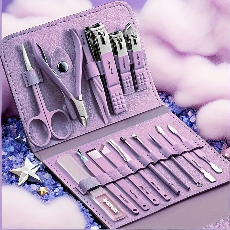 16-Piece Deluxe Stainless Steel Nail Care Set - Professional-Grade Manicure & Pedicure Tools with Straight Edge Clipper, Nail File, Ear Pick, Scissors, and Travel Case - Perfect for Beauty Enthusiasts and On-The-Go Grooming