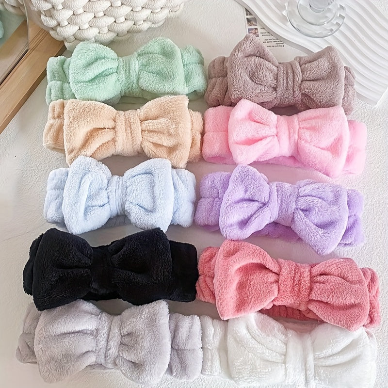 Solid Color Butterfly End Headband Wristband Set Women's Wash Beauty Makeup Headband Wrist Flannel Hair Accessories Headwear Face Wash Headband Wrist Set Plush Elastic Headband Ladies Accessories Set