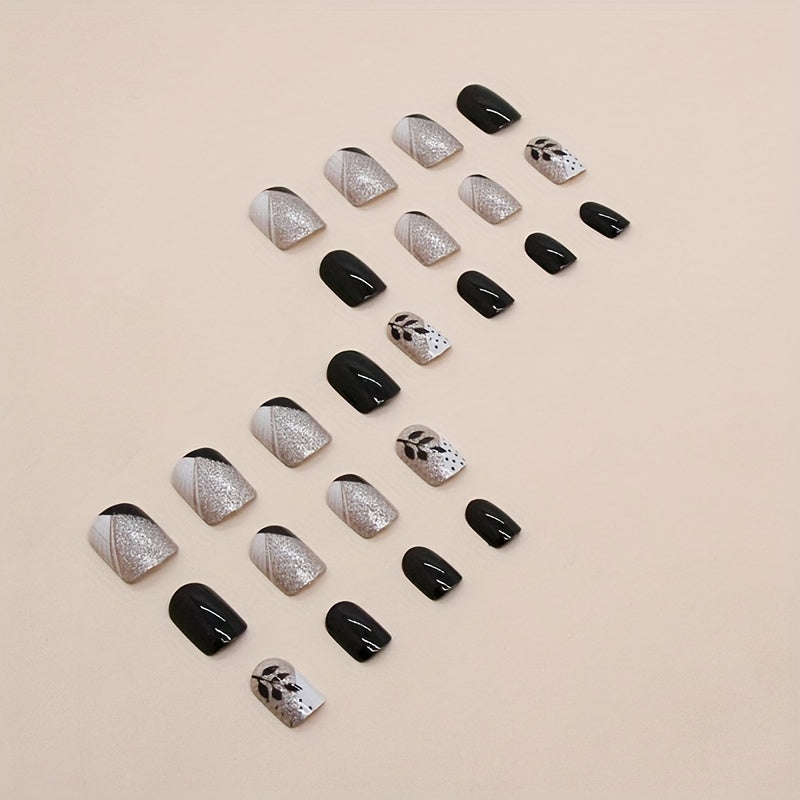 24pcs Short Square Black Vine Dark Butterfly Leaves French Color Matching Fashion European and American Ins Style Sweet Cool All-match Hot Girl Black Beauty Glitter Wearable Removable False Nail Roll One & Jelly Glue One