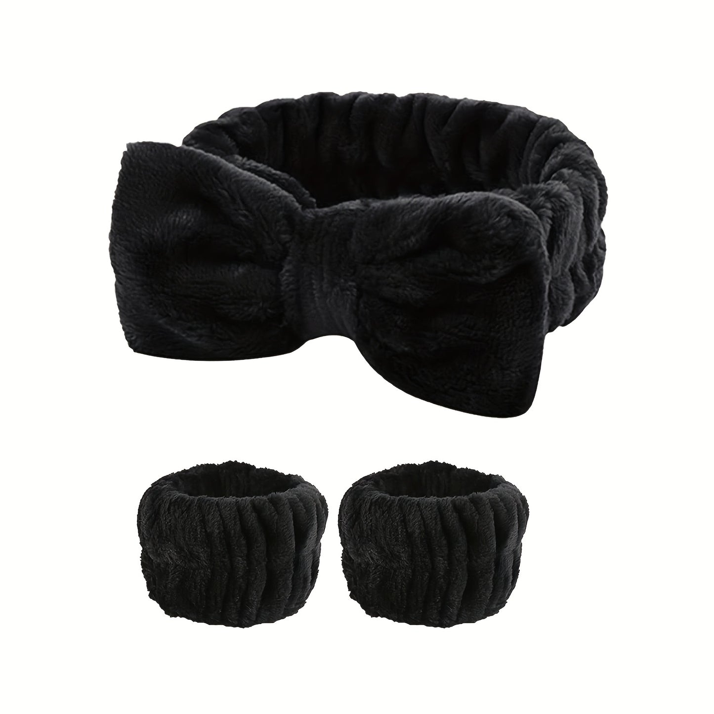 Solid Color Butterfly End Headband Wristband Set Women's Wash Beauty Makeup Headband Wrist Flannel Hair Accessories Headwear Face Wash Headband Wrist Set Plush Elastic Headband Ladies Accessories Set