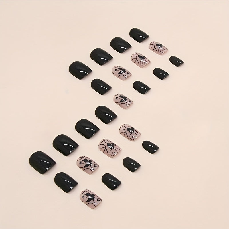 24pcs Short Square Black Vine Dark Butterfly Leaves French Color Matching Fashion European and American Ins Style Sweet Cool All-match Hot Girl Black Beauty Glitter Wearable Removable False Nail Roll One & Jelly Glue One