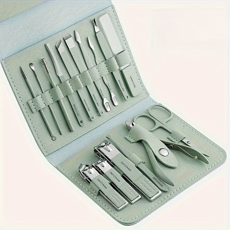16-Piece Deluxe Stainless Steel Nail Care Set - Professional-Grade Manicure & Pedicure Tools with Straight Edge Clipper, Nail File, Ear Pick, Scissors, and Travel Case - Perfect for Beauty Enthusiasts and On-The-Go Grooming
