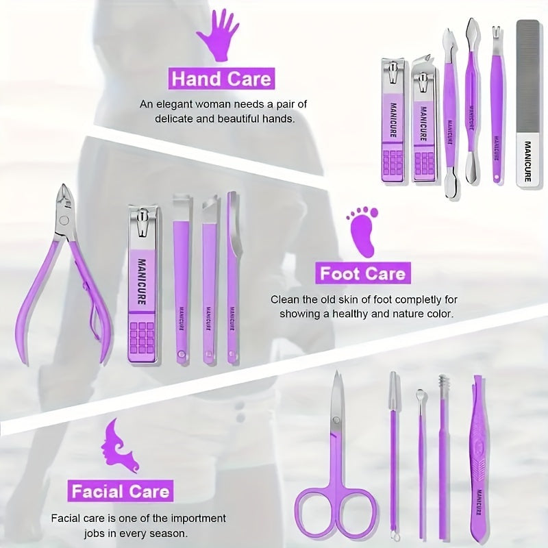 16-Piece Deluxe Stainless Steel Nail Care Set - Professional-Grade Manicure & Pedicure Tools with Straight Edge Clipper, Nail File, Ear Pick, Scissors, and Travel Case - Perfect for Beauty Enthusiasts and On-The-Go Grooming