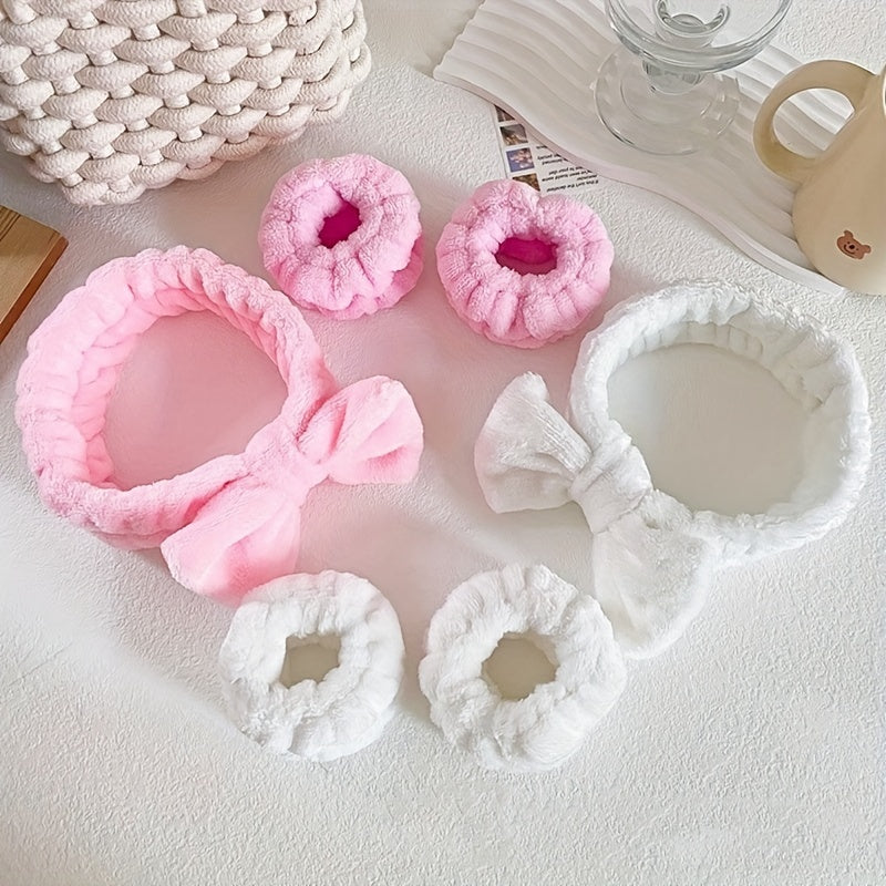 Solid Color Butterfly End Headband Wristband Set Women's Wash Beauty Makeup Headband Wrist Flannel Hair Accessories Headwear Face Wash Headband Wrist Set Plush Elastic Headband Ladies Accessories Set