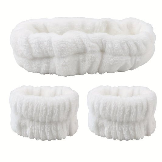 Versatile Beauty, Chic Solid Color Headband & Wristband Set - Soft Coral Fleece, Perfect for Makeup, Face Washing & Spa Days