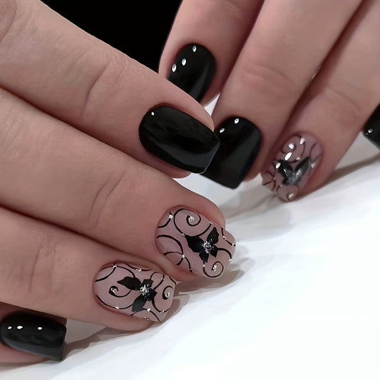 24pcs Short Square Black Vine Dark Butterfly Leaves French Color Matching Fashion European and American Ins Style Sweet Cool All-match Hot Girl Black Beauty Glitter Wearable Removable False Nail Roll One & Jelly Glue One