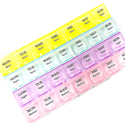 Colorful 28-Compartment Pill Organizer - Portable, Large Capacity Health Care Box, Durable Plastic, Easy-to-Use with Day & Time Labels, 0.98x4.72 inches - Perfect for Daily Medication Management, Pill Box