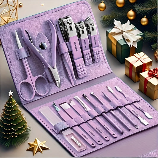 16-Piece Deluxe Stainless Steel Nail Care Set - Professional-Grade Manicure & Pedicure Tools with Straight Edge Clipper, Nail File, Ear Pick, Scissors, and Travel Case - Perfect for Beauty Enthusiasts and On-The-Go Grooming