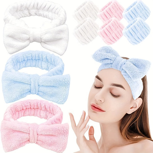 Solid Color Butterfly End Headband Wristband Set Women's Wash Beauty Makeup Headband Wrist Flannel Hair Accessories Headwear Face Wash Headband Wrist Set Plush Elastic Headband Ladies Accessories Set